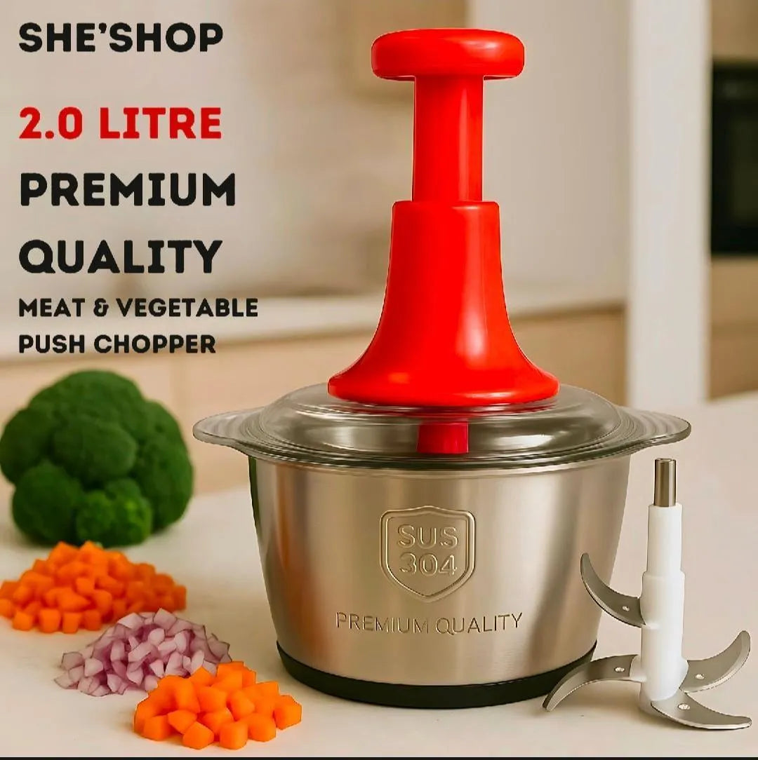 2.0Litre 4 Blades Premium Quality Meat and Vegetable Push Chopper with Stainless Steel Bowl