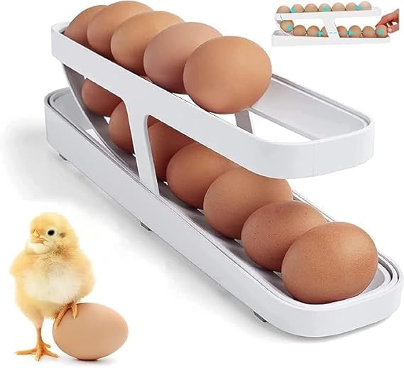 2-Tier Egg Dispenser - Space-Saving Egg Organizer for Fridge, Roller Egg Tray for Easy Access, Egg Holder Storage Box, and Rack for Refrigerator Organization.