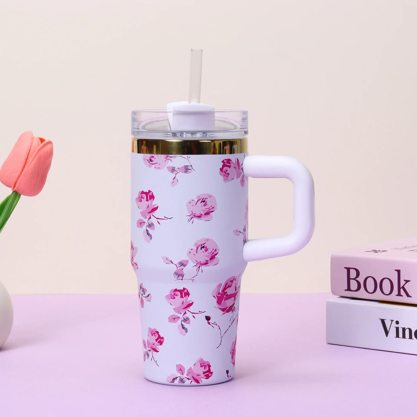 Stainless Steel Insulated Travel Tumbler with Handle Straw Lid & Cold Retention