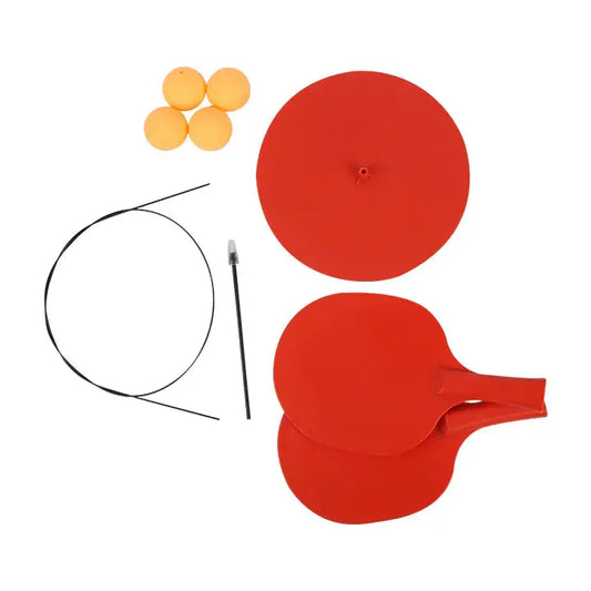 Two red ping pong paddles with a black string, three yellow ping pong balls on a white background.