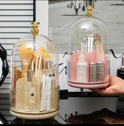 Makeup Brush Holder with Bear Lid Handle 360° Rotating Comestic Tools Organizer