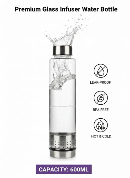600ml Glass Water Bottle with Black Cover & Silver Lid – Travel & Office Bottle Homemart