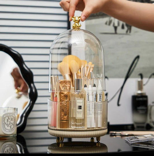 Makeup Brush Holder with Bear Lid Handle 360° Rotating Comestic Tools Organizer