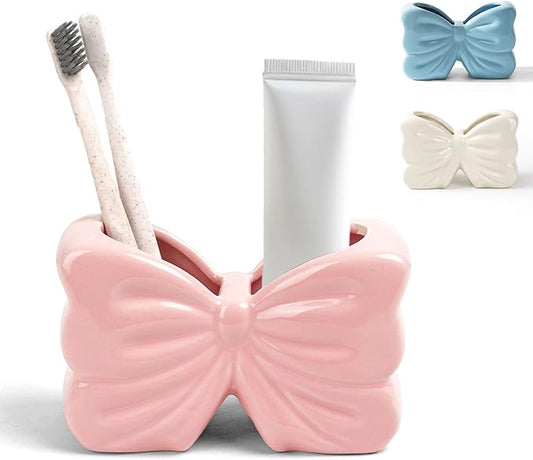 Bow Toothbrush Holder， 2-Slot Toothbrush and Toothpaste Holder Cute Toothbrush Holder Set, Bathroom Counter Organizer for Bathroom，Electric Toothbrushes, Floss, Razors - Pink