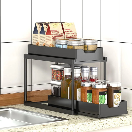 2 Tier Under Sink Organizer Sliding Cabinet Basket Organizer Storage Rack Bathroom Countertop Storage Pull-out Storage Rack