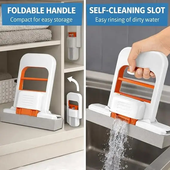 Foldable handle cleaning tool with self-cleaning slot feature, shown in storage and use scenarios.