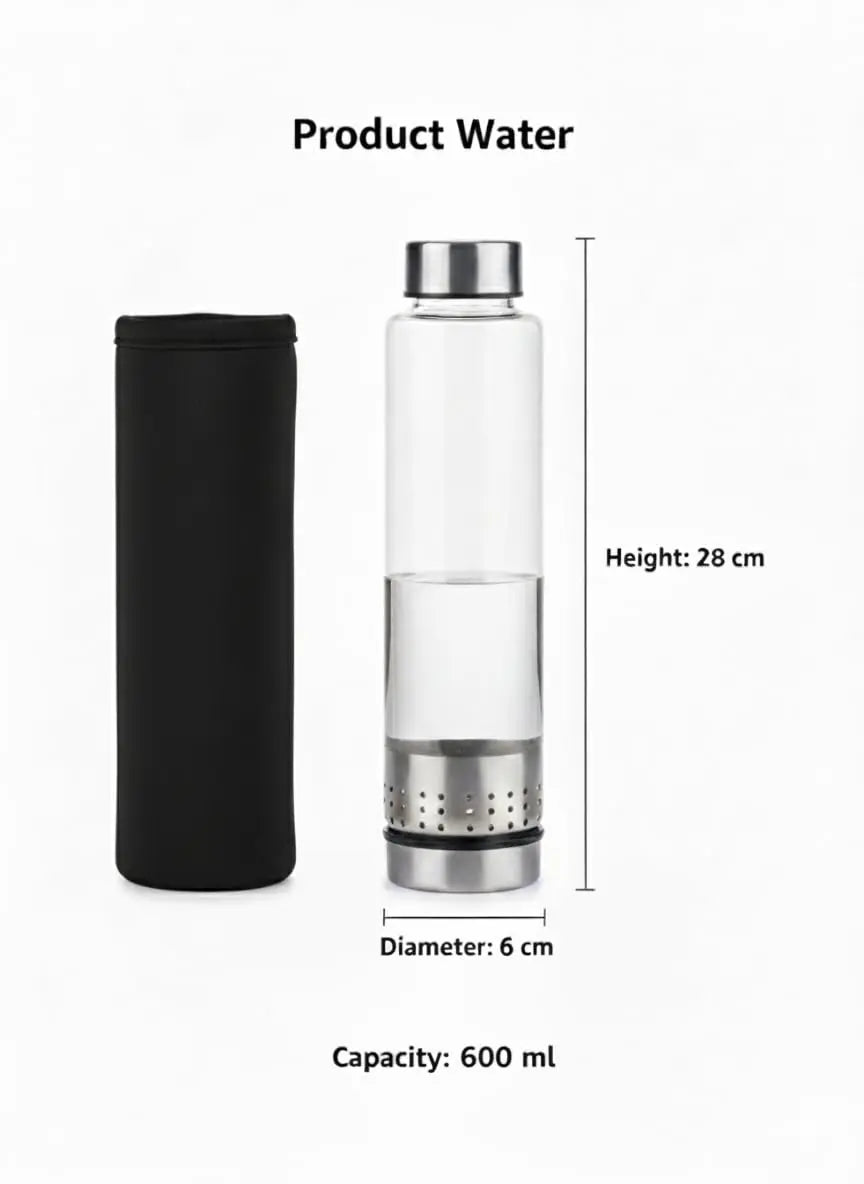 600ml Glass Water Bottle with Black Cover & Silver Lid – Travel & Office Bottle Homemart