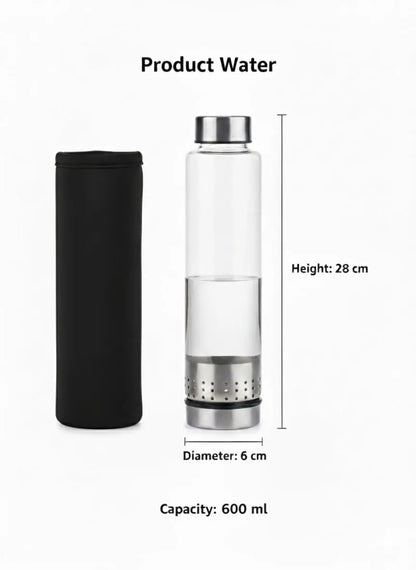 600ml Glass Water Bottle with Black Cover & Silver Lid – Travel & Office Bottle Homemart