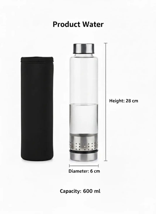 600ml Glass Water Bottle with Black Cover & Silver Lid – Travel & Office Bottle Homemart