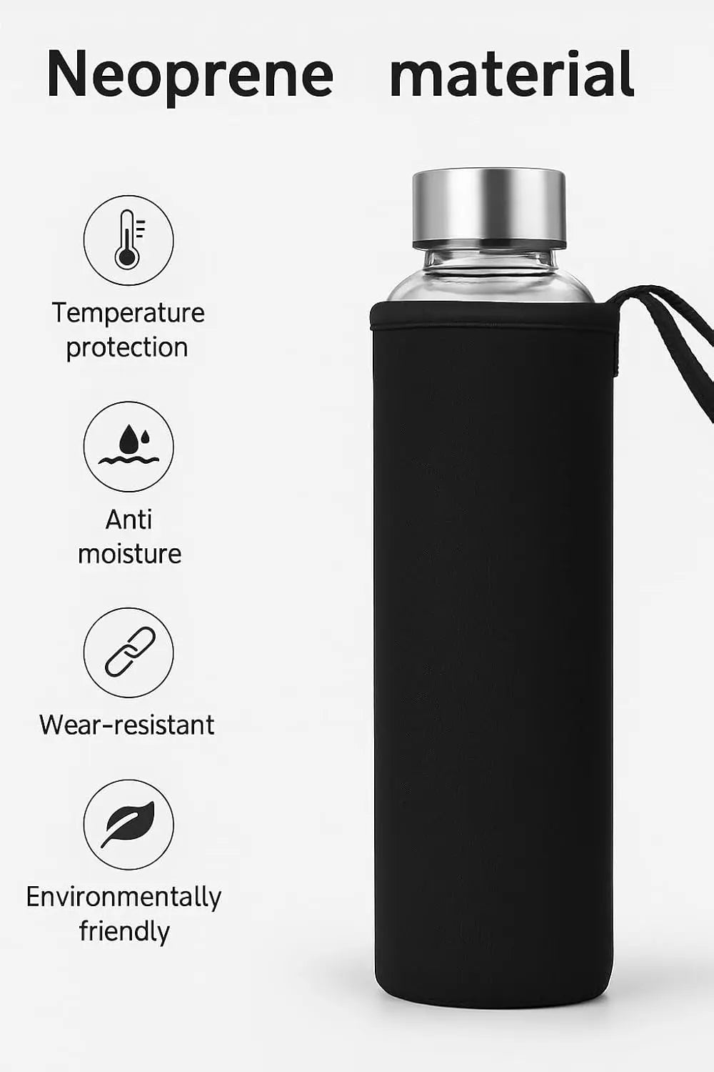 600ml Glass Water Bottle with Black Cover & Silver Lid – Travel & Office Bottle Homemart