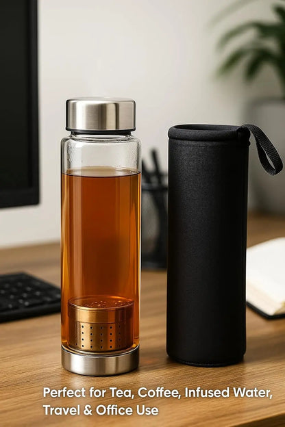600ml Glass Water Bottle with Black Cover & Silver Lid – Travel & Office Bottle Homemart