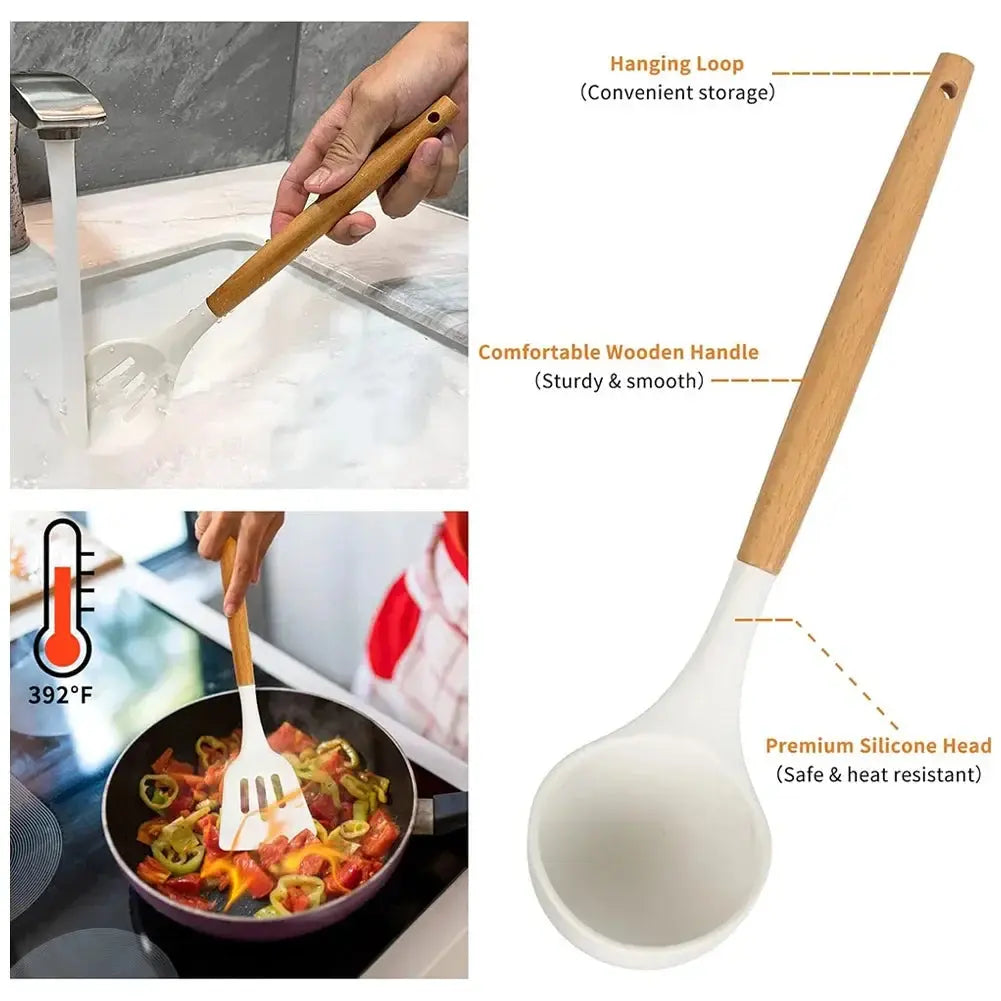 12Pcs Kitchen Utensil Set Silicone Spatula Set Wooden Handle Heat-Resistant Cookware Spatula Spoon Brush Whisk for Home Kitchen Hommart