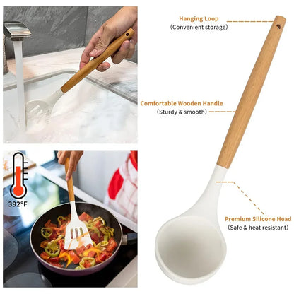 12Pcs Kitchen Utensil Set Silicone Spatula Set Wooden Handle Heat-Resistant Cookware Spatula Spoon Brush Whisk for Home Kitchen