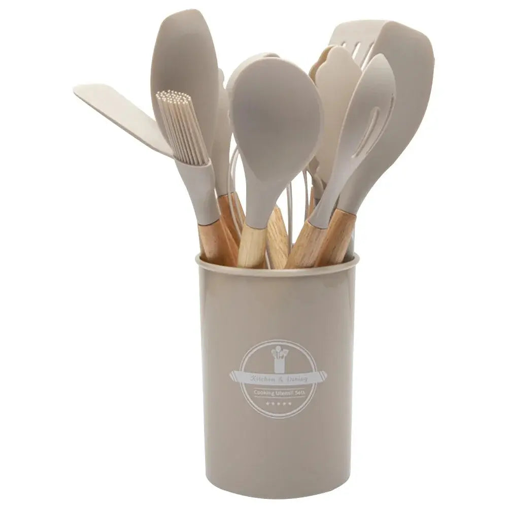 12Pcs Kitchen Utensil Set Silicone Spatula Set Wooden Handle Heat-Resistant Cookware Spatula Spoon Brush Whisk for Home Kitchen Hommart