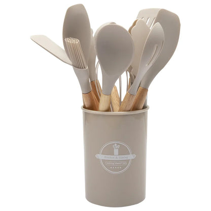 12Pcs Kitchen Utensil Set Silicone Spatula Set Wooden Handle Heat-Resistant Cookware Spatula Spoon Brush Whisk for Home Kitchen