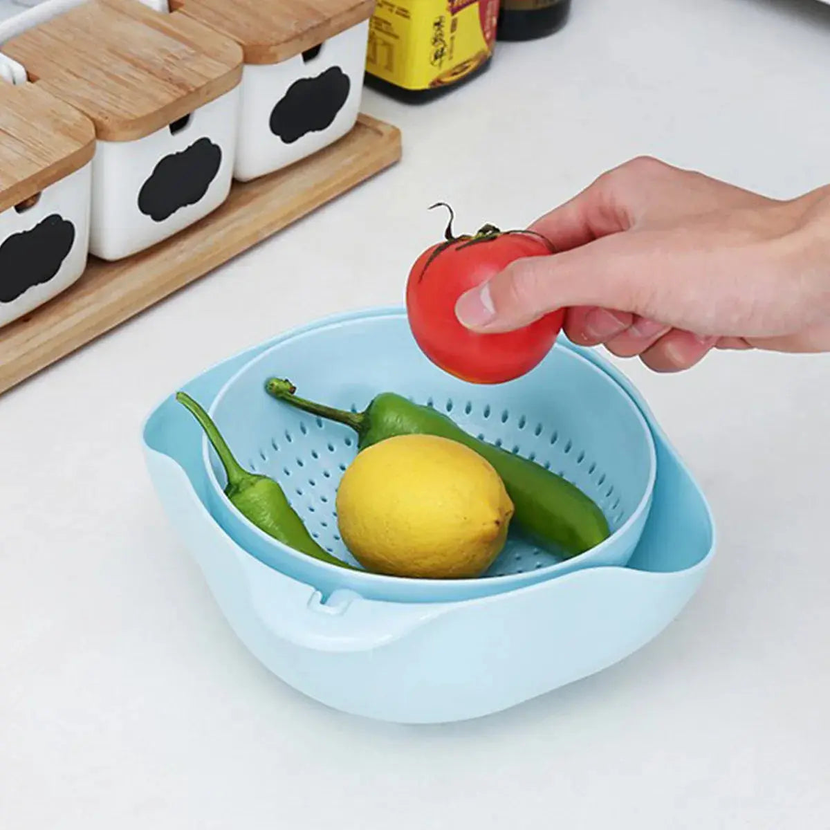 1Pcs Eco-Friendly Wheat Straw Double-Layer Colander Drain Basket Hommart