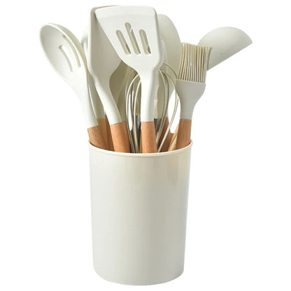 12Pcs Kitchen Utensil Set Silicone Spatula Set Wooden Handle Heat-Resistant Cookware Spatula Spoon Brush Whisk for Home Kitchen