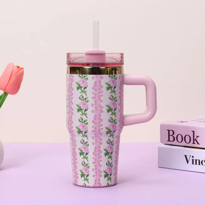 Stainless Steel Insulated Travel Tumbler with Handle Straw Lid & Cold Retention