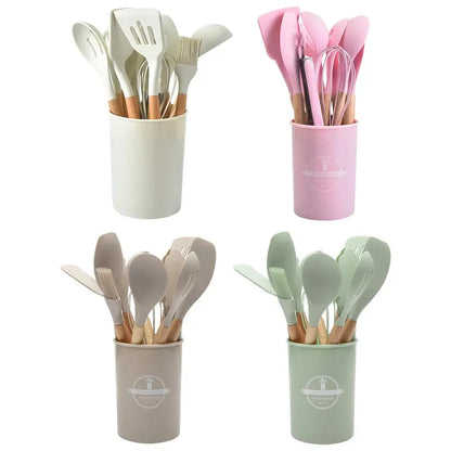 12Pcs Kitchen Utensil Set Silicone Spatula Set Wooden Handle Heat-Resistant Cookware Spatula Spoon Brush Whisk for Home Kitchen Hommart