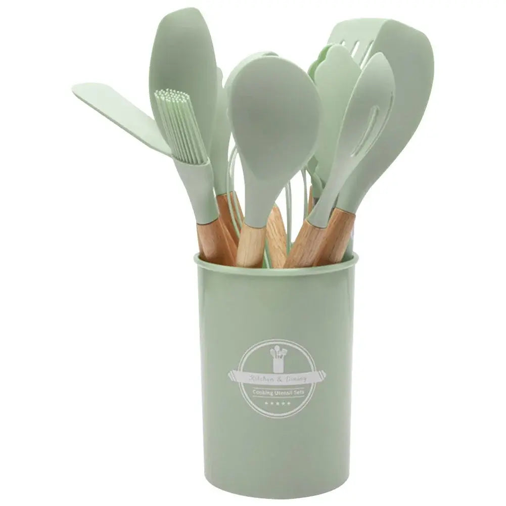 12Pcs Kitchen Utensil Set Silicone Spatula Set Wooden Handle Heat-Resistant Cookware Spatula Spoon Brush Whisk for Home Kitchen Hommart