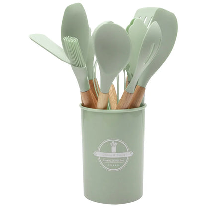 12Pcs Kitchen Utensil Set Silicone Spatula Set Wooden Handle Heat-Resistant Cookware Spatula Spoon Brush Whisk for Home Kitchen