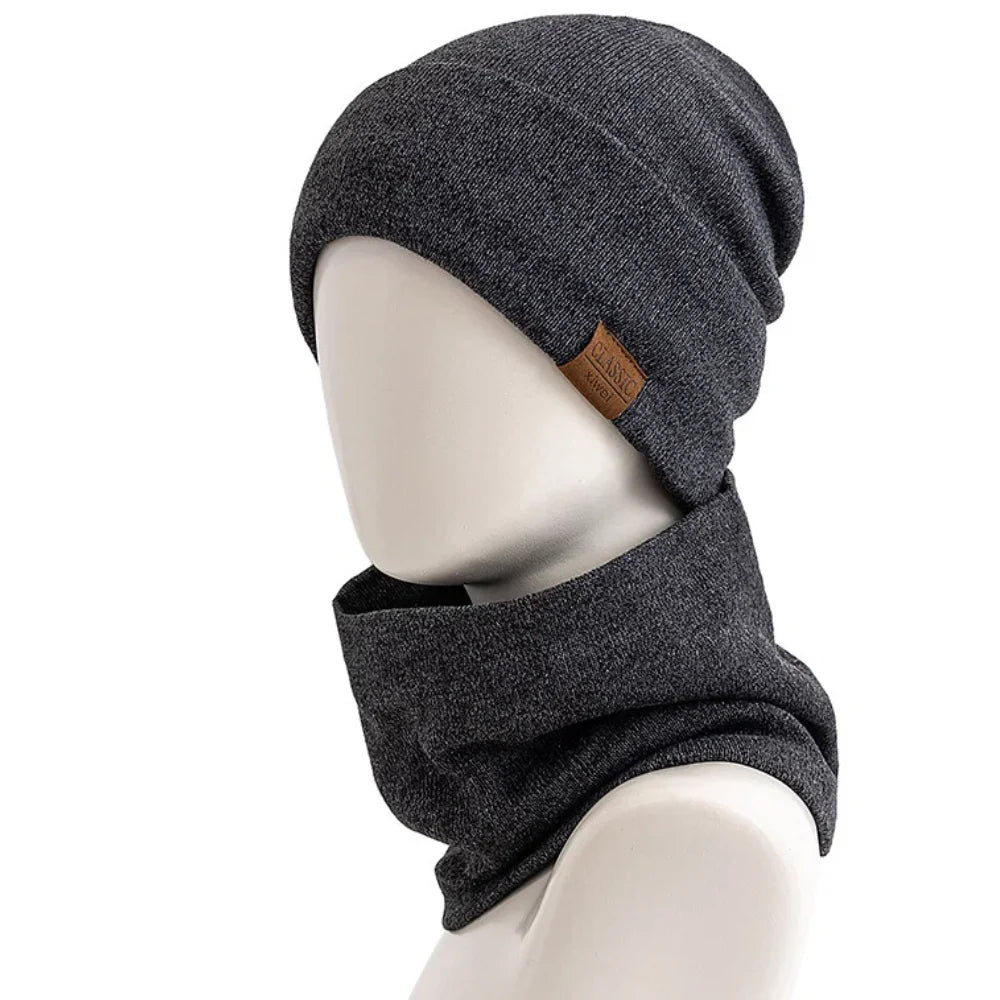 New Style Fashion Men Knitted Hat Plush Fur Warm Lining Set Male