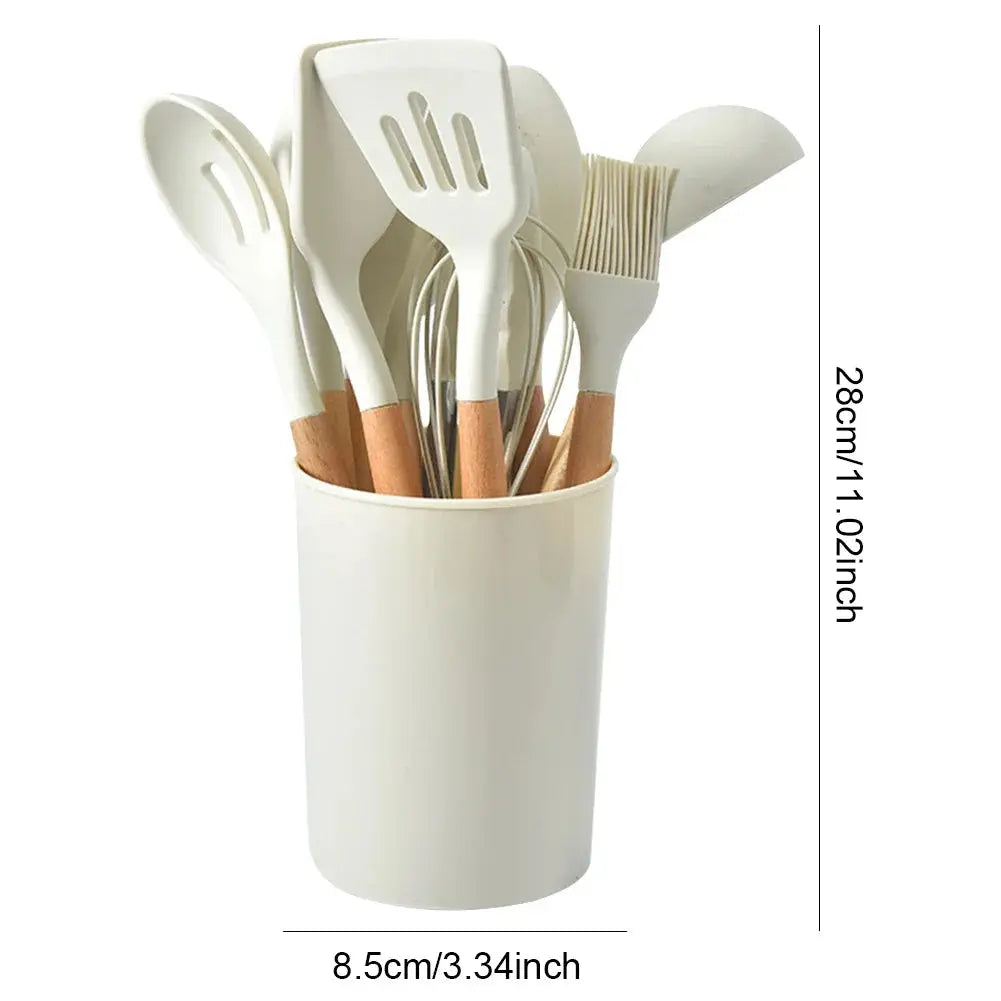 12Pcs Kitchen Utensil Set Silicone Spatula Set Wooden Handle Heat-Resistant Cookware Spatula Spoon Brush Whisk for Home Kitchen Hommart