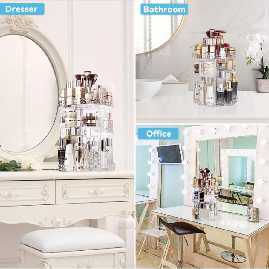 Cosmetic Organiser, 360 degree rotatable adjustable cosmetic storage display case