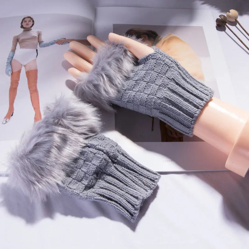Winter Faux Rabbit Fur Warm Knitted Half Finger Gloves