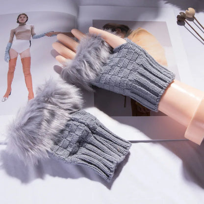 Winter Faux Rabbit Fur Warm Knitted Half Finger Gloves
