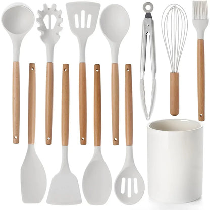 12Pcs Kitchen Utensil Set Silicone Spatula Set Wooden Handle Heat-Resistant Cookware Spatula Spoon Brush Whisk for Home Kitchen