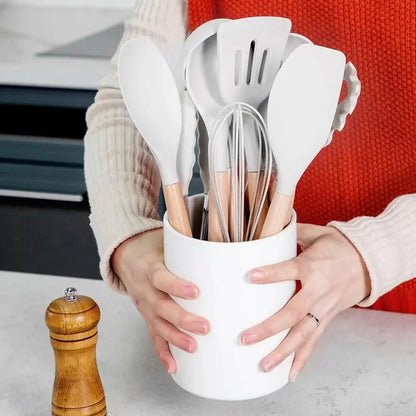 12Pcs Kitchen Utensil Set Silicone Spatula Set Wooden Handle Heat-Resistant Cookware Spatula Spoon Brush Whisk for Home Kitchen Hommart
