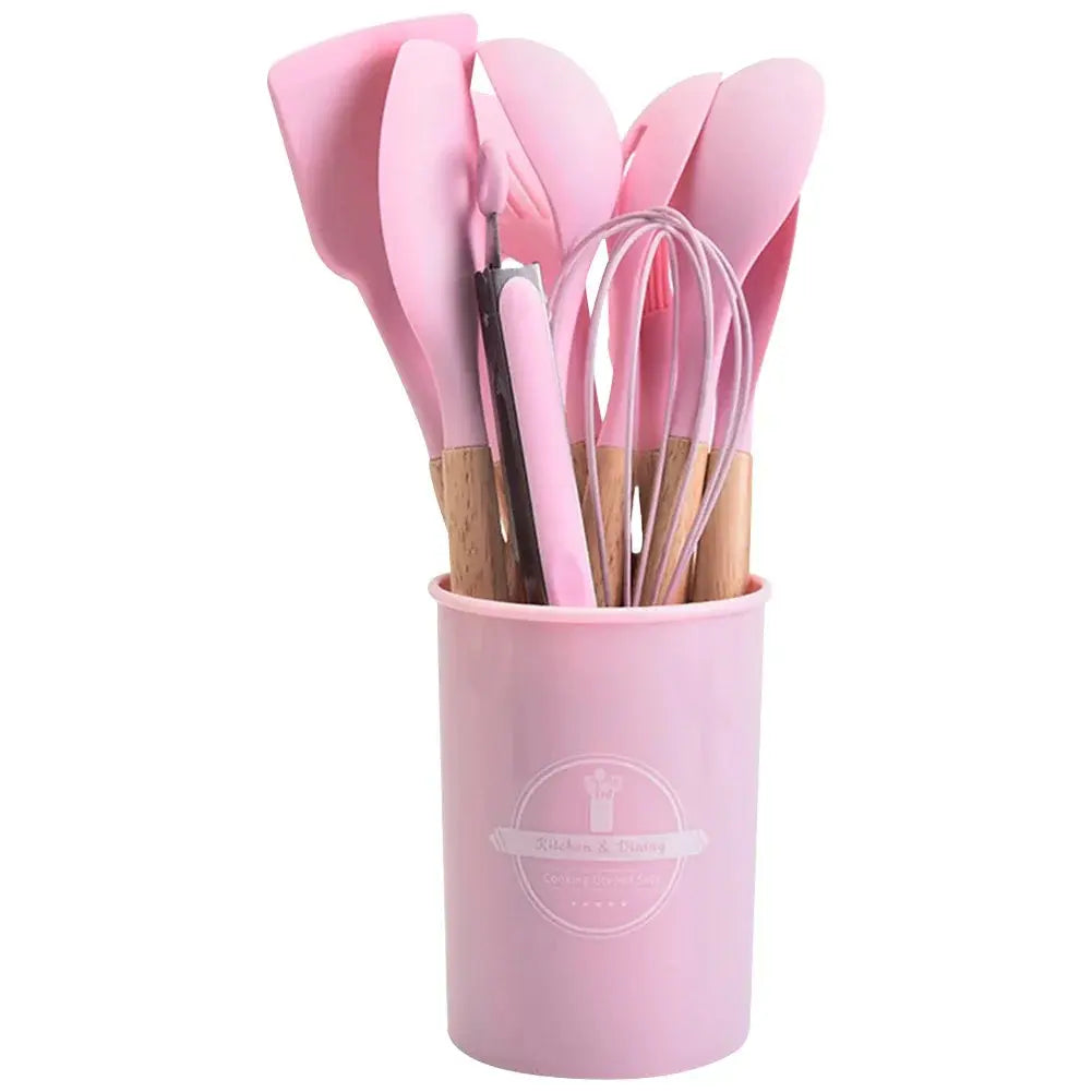12Pcs Kitchen Utensil Set Silicone Spatula Set Wooden Handle Heat-Resistant Cookware Spatula Spoon Brush Whisk for Home Kitchen Hommart