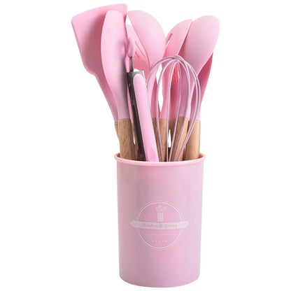 12Pcs Kitchen Utensil Set Silicone Spatula Set Wooden Handle Heat-Resistant Cookware Spatula Spoon Brush Whisk for Home Kitchen