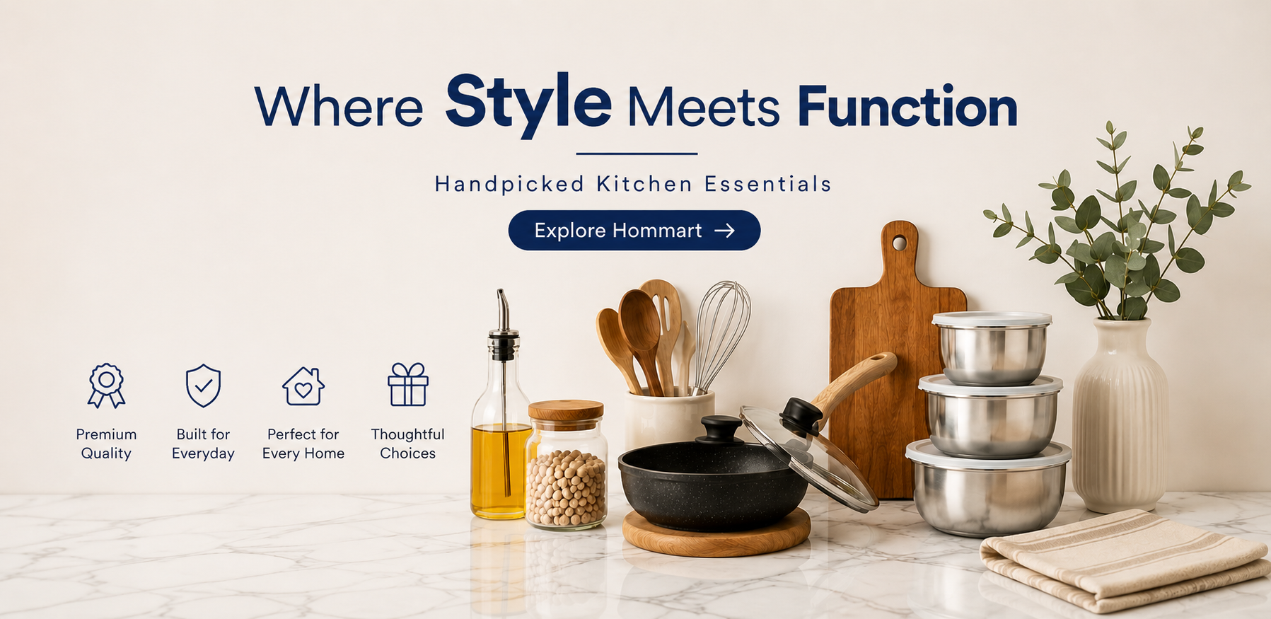 Kitchen essentials with branding text on a light background